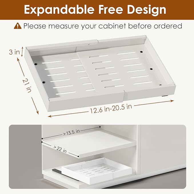2 Pack Expandable Pull Out Cabinet Organizer 21" Deep, Adjustable Width 12.6"-20.5", No Drill Adhesive with Triple Track Rails, Heavy Duty Slide Out Drawers for Kitchen, Pantry, Cabinets,White