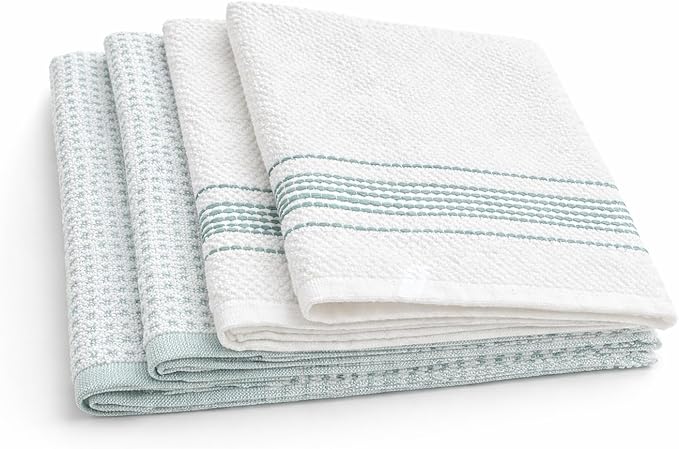 MosJos Kitchen Towels, Cotton Hand Towels White & Turquoise Mini Weaved Stitched Design 4 Pack Absorbent Hand Drying Cloths, 18 x 28 Kitchen Linens