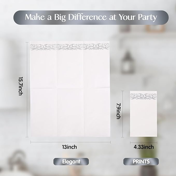 Vplus 200 Pack Paper Napkins Guest Towels Disposable Premium Quality 3-ply Dinner Napkins Disposable Soft, Absorbent, Perfect for Kitchen, Wedding, Parties, Dinners or Events(Silver)