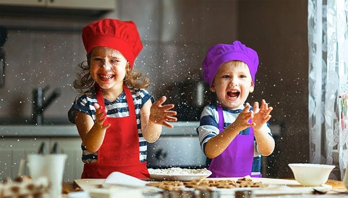 6 Pack Adjustable Kids Apron and Chef Hat for Cooking Baking Painting Art, Kids Apron for Girl Boy with 2 Pockets