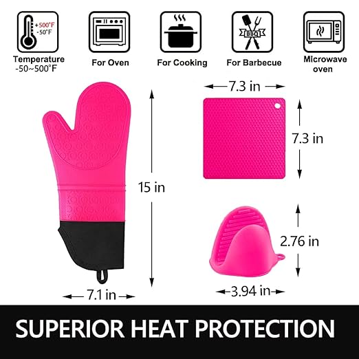 Silicone Oven Mitts and Pot Holders Set, MTZRFLL Extra Long Heat Resistant Oven Gloves with Hot Pads and Mini Oven Mittens for Grilling, Kitchen Cooking Baking, Quilted Lining, Pack of 6 (Rose)