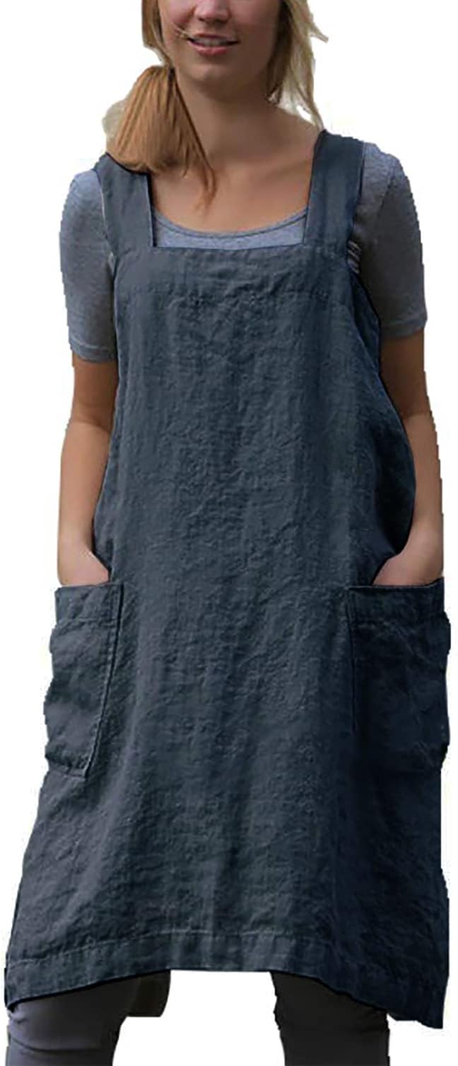 VLZUFE Cotton Linen Apron for women Cross Back Apron Pinafore Dress for Baking Cooking Gardening Work