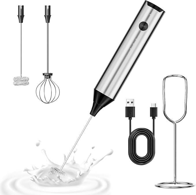 Milk Frother Handheld Rechargeable, Hand Frother with Stand, Drink Mixer Frother Wand Electric Whisk Stirrer for Coffee, Latte, Matcha, Cappuccino, Hot Chocolate, Kitchen Gifts - Stainless Steel