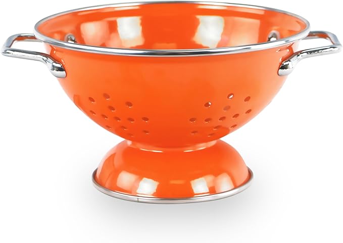 Reston Lloyd, 1 Quart Powder Coated Steel Kitchen Strainer Basket for draining Pasta, Vegetable and Fruit, Chrome Handles and Wide Stable Base, Orange