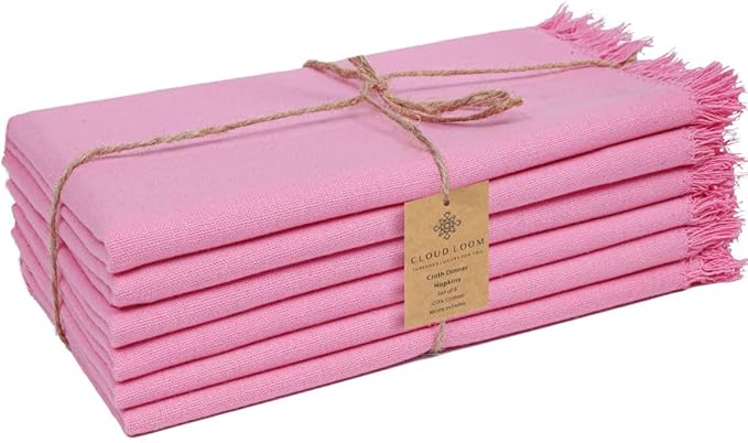 Cloth Dinner Napkins Fringes 100% Cotton Set of 6 - Perfect for Dining Special Occasions Wedding Holidays Christmas - Soft Durable Washable - Elegant 20x20 Inch Cloth Napkins Baby Pink