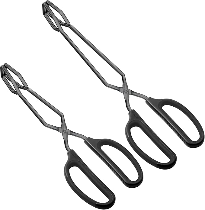 HINMAY Stainless Steel Kitchen Tongs 10" and 12" Set, Comfortable Grip Scissor Tongs for Cooking, Grilling & Serving (Black)