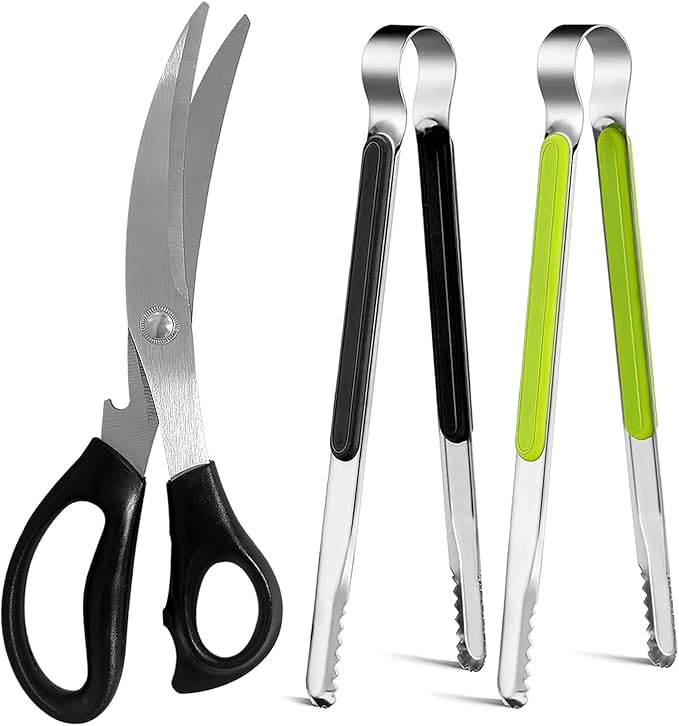 Kitchen Scissors, Korean Barbecue Sheras and Tongs Set,Kitchen Scissors for Meat Cutting, Chicken, Vegetables,Stainless Steel Non-slip Serrated Sharp BBQ Multipurpose Kitchen Sheras Tongs