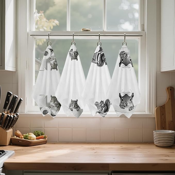4 Pcs Funny Squirrel Decor Bathroom Hand Towels 24x14 Inch, Squirrel Gifts Reusable Dish Towels for Bathroom Restroom Decor, Cute Animal Waffle Weave Hand Towel, Squirrels Lovers Gifts for Women Mom