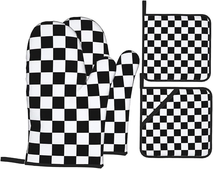 Checkered Black and White Plaid Oven Mitts and Pot Holders Set of 4,Heat Resistant Non-Slip Potholders Oven Gloves and Pad for Kitchen Cooking Baking Grilling BBQ