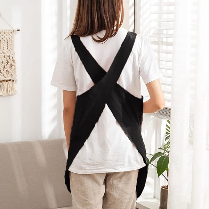 Cotton Cross Back Aprons Solid Color Cooking Kitchen Garden Smock for Women Girls with Pockets