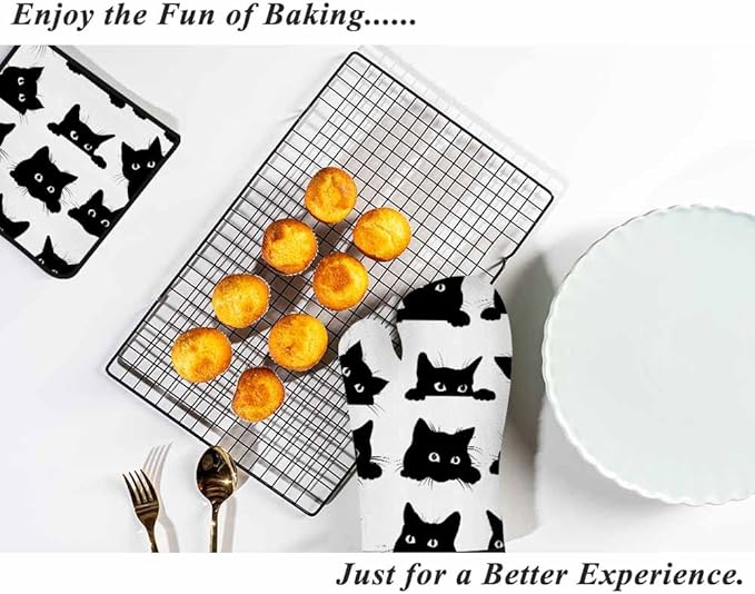 Black Cats Oven Mitts and Pot Holders Sets Bright Eyes Lovely Action Collection Heat Resistant 3pcs for Cooking Baking BBQ