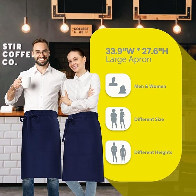 ROTANET Long Server Apron Black with 3 Pockets Bistro Half Aprons for Men Women Waiter Waitress Chef 28 Inch Waterproof