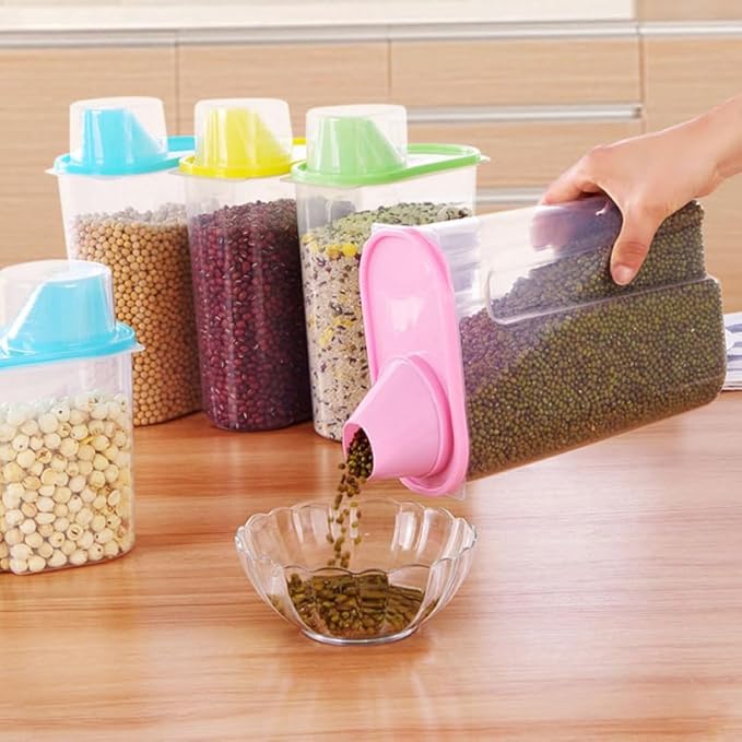 SHOWERORO Airtight Food Storage Container with Pour Spout and Measuring Cup Clear Plastic Cereal Keeper for Rice Grains Oatmeal Sugar Nuts Beans 8.26X6.29X3.14 Inches