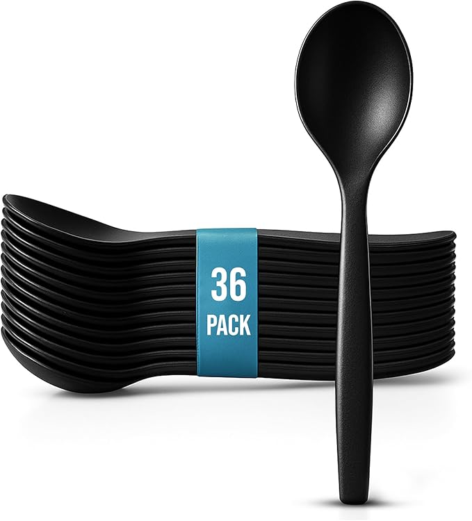 10" Black Plastic Serving Spoons for Buffet, Bulk 36 Count, Heavy Duty Disposable Spoon, Large Plastic Serving Utensils for Catering Supplies, Events, Party, Weddings & More - C&S Event Supply Co.