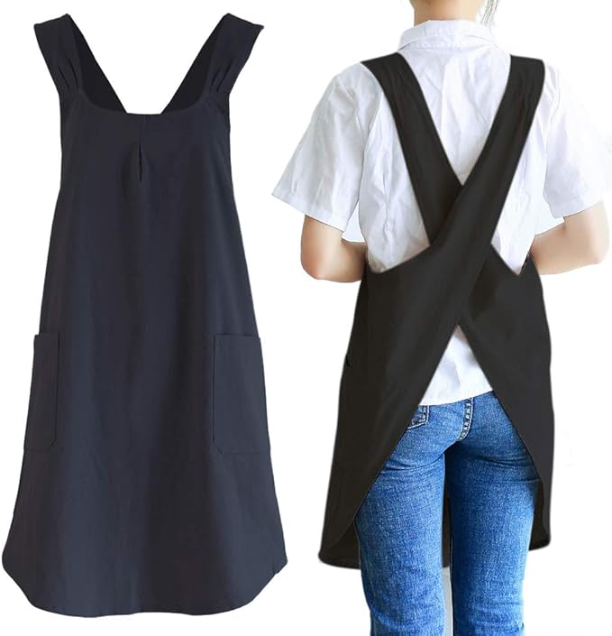 NEWGEM Japanese Cotton Linen Cross Back Cooking Apron for Women Men with Pockets Cute for Baking Kitchen