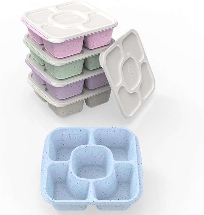 Caperci 5-Pack Lunchable Container Set for Kids & Adults - Reusable Bento Snack Box Containers with 5-Compartment for Food Storage & Meal Prep, Wheat Straw, BPA-Free (Vintage Colors)