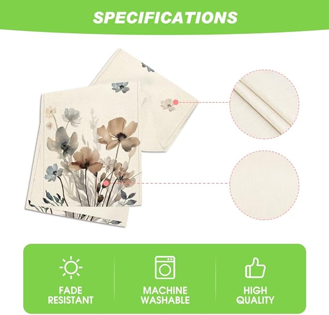 Artoid Mode Brown Poppy Floral Leaves Spring Table Runner, Seasonal Summer Kitchen Dining Table Decoration for Home Party Decor 13x36 Inch