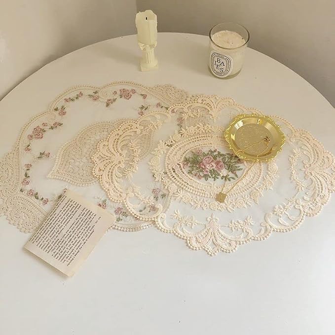 8Pack Retro Lace Placemats, French Crochet Doilies, Handmade Embroidered Table Mats, 12x16-in Beige Place Mats Cup Mat