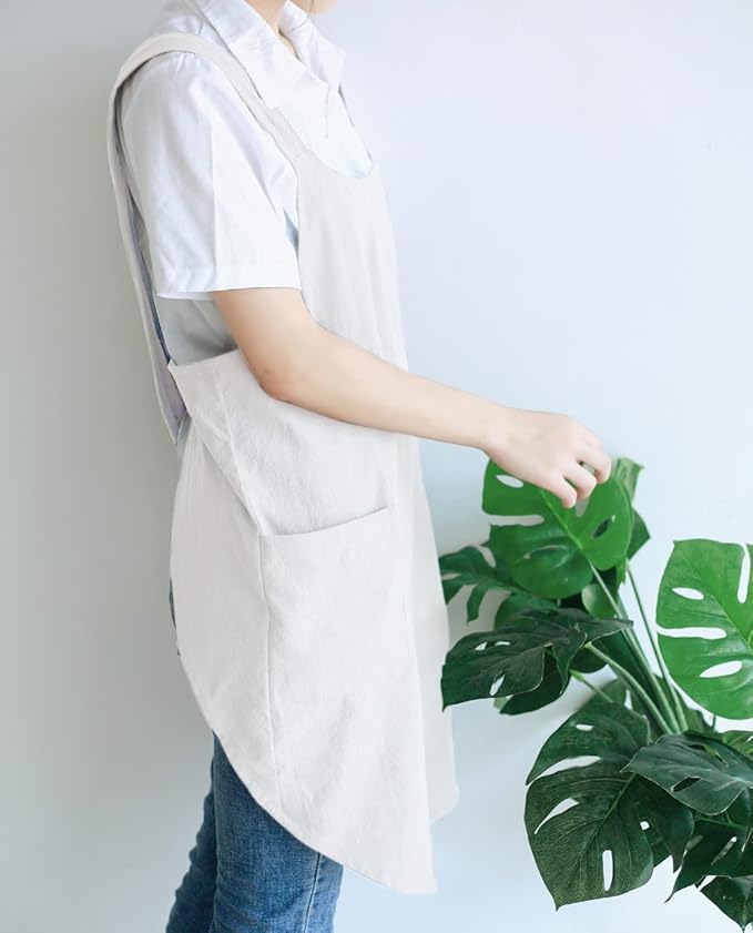 NEWGEM Japanese Cotton Linen Cross Back Cooking Apron for Women Men with Pockets Cute for Baking Kitchen