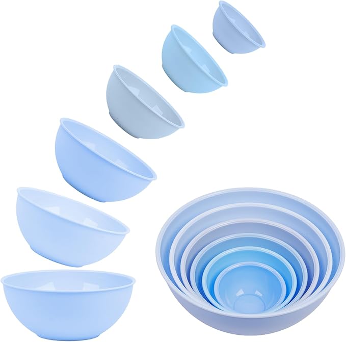 BoxedHome BPA Free Plastic Round Mixing Bowl with Lids, 12 Pack Nesting Bowls with Lids Set, Microwave and Dishwasher Safe Prep & Serving Bowls Great for Mixing, Baking, Serving (Pale Blue, 12pcs)