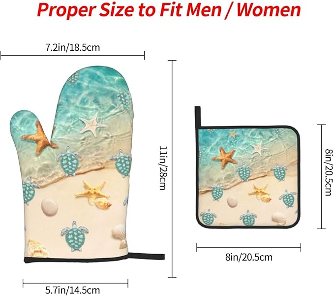 Sea Turtles Beach Oven Mitts and Pot Holders Sets of 3 Nautical Kitchen Decor Heat Resistant Hot Pads Teal Nautical Decorative Oven Gloves for Cooking Grilling Baking