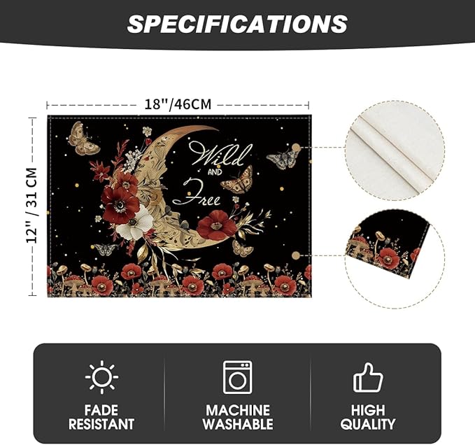 Artoid Mode Wild and Free Moon Flower Placemats Set of 4, 12x18 Inch Seasonal Vintage Farmhopuse Table Mats for Party Kitchen Dining Decoration