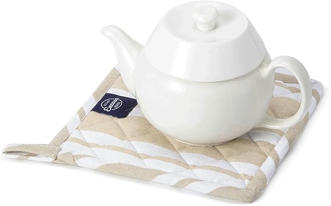 Encasa XO 8 inches Oven Microwave Potholders (2 pc Set) for Kitchen Cooking & Baking - Heat Resistant, Thick & Safe, Protection of Hands from Hot Utensils - Franca Beige Stripes
