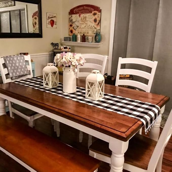 DUOBAO Buffalo Plaid Table Runner 14x72-Inches (2pcs) Black and White Checkered Tables-Runners with Tassel Linen Christmas Decor Gingham Rustic Farmhouse Style