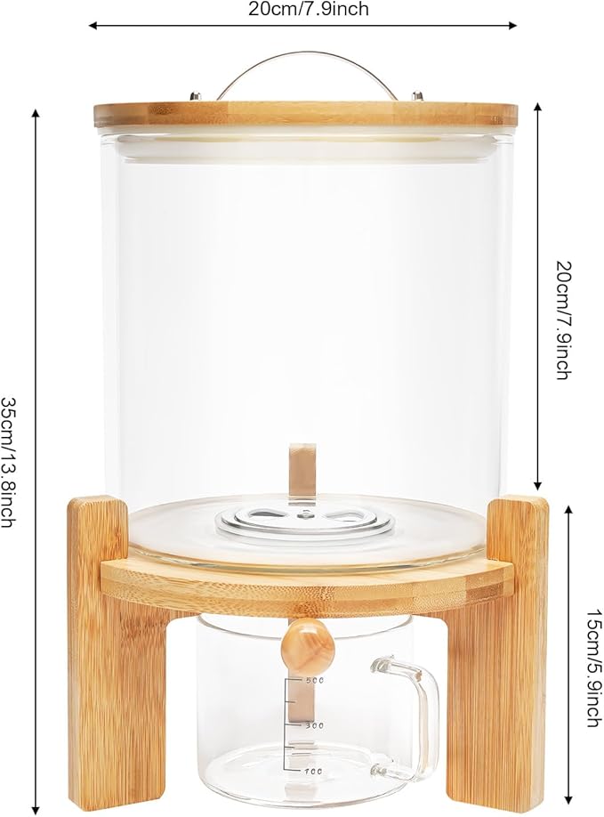 Rice Dispenser, 5L Glass Rice Container Cereal Container with Bamboo Stand Large Food Storage Container Flour Organization with Airtight Lid & Measuring Cup for Grain Legumes (5L)