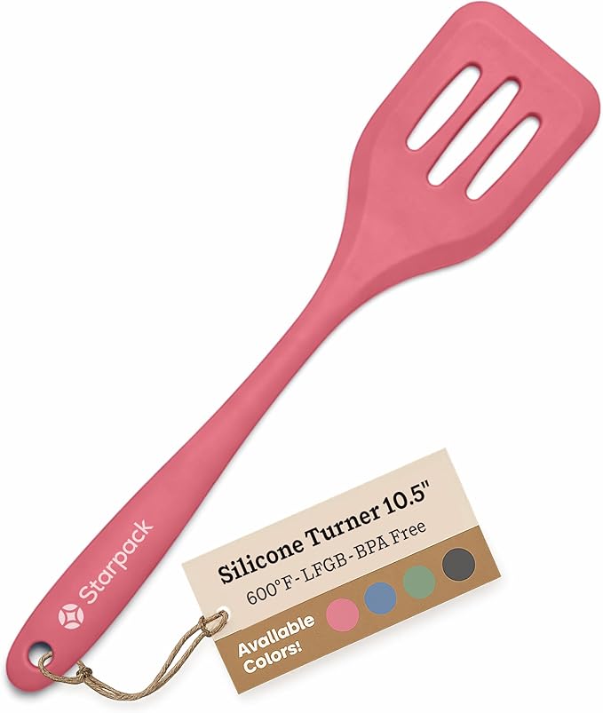 Starpack 'Head Turner' Premium Silicone Turner Spatula - Up to 600°F High Heat Resistant 10" Slotted Spatulas for Cooking - LFGB Grade Non-Stick Rubber Spatula with Solid Stainless Steel Core - Pink