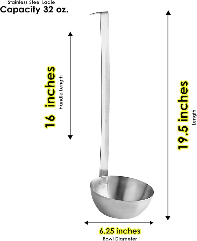 Stainless Steel Ladle, 32 oz – Heavy-Duty 2-Piece Construction, Long Handle, Hooked Design for Easy Storage – Perfect for Soup, Stew, Chili, Sauce, and Commercial Kitchens (1, 32 Oz)