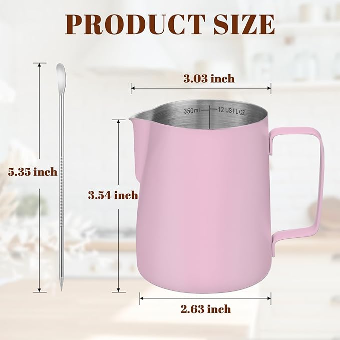 Amrules Milk Frothing Pitcher, 12 oz Milk Frother Cup with Clear Scale, 304 Stainless Steel Cappuccino Espresso Machine Accessories for Barista Coffee Bar with Latte Art Pen, Pink