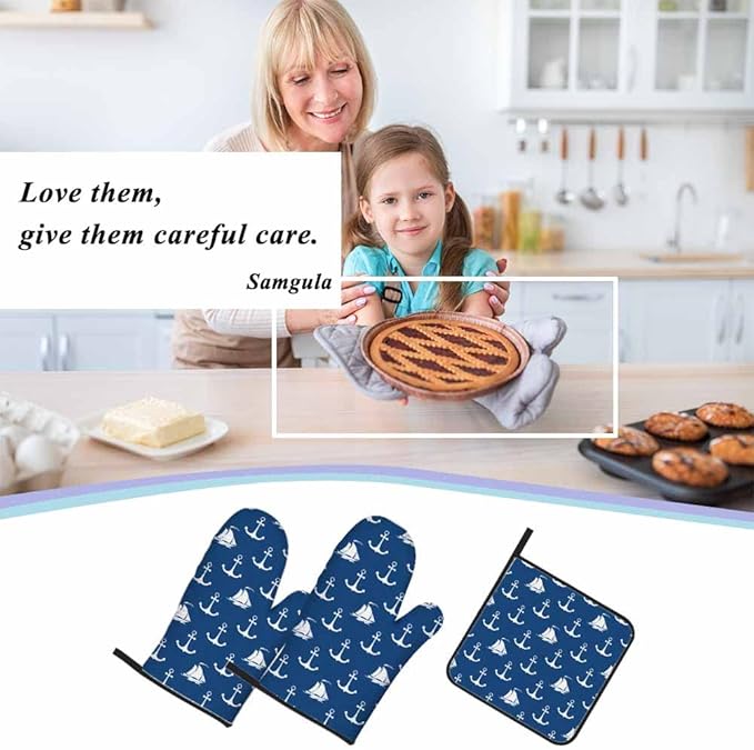 Ship Anchor Oven Mitts and Pot Holders Sets Sailing Vessel Sea Travel Heat Resistant 3pcs for Cooking Baking BBQ
