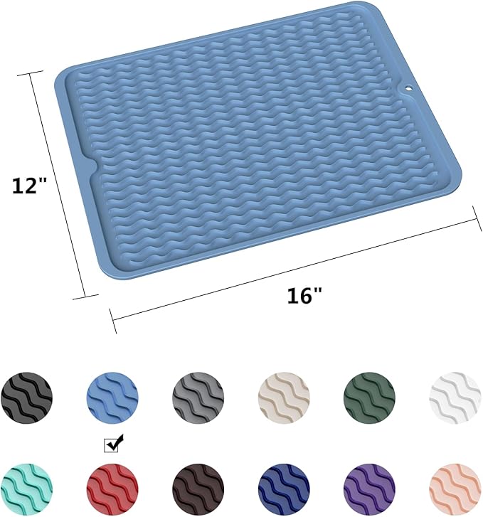 ZLR Silicone Dish Drying Mat & Heat Resistant Trivet (12" x 16") - Waterproof Counter Protector for Air Fryer, Coffee Maker - Non-Slip, BPA Free Kitchen Pad, Easy Clean Dishwasher Safe (Lichen Blue)