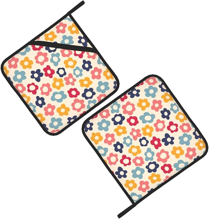 Colorful Daisy Pot Holders 2PCS, Pot Holder for Kitchen Heat Resistant Potholder for BBQ Cooking Baking,Food Hot Pat for Women Men Kitchen Wear(Vintage Hippie Groovy Flowers)