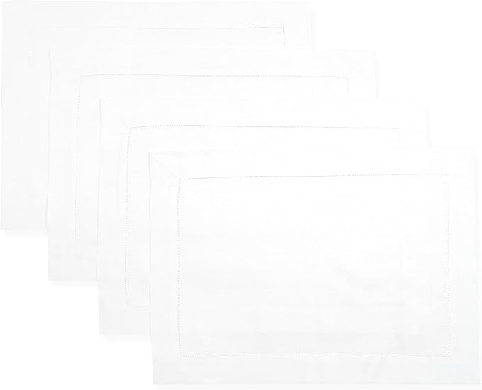 D'Moksha Homes White Linen Placemats Set of 4 - Classic Hemstitch Placemats 14 x 19 Inch - 100% Pure Linen Table Mats for Mothers Day, Spring - Handcrafted and Machine Washable