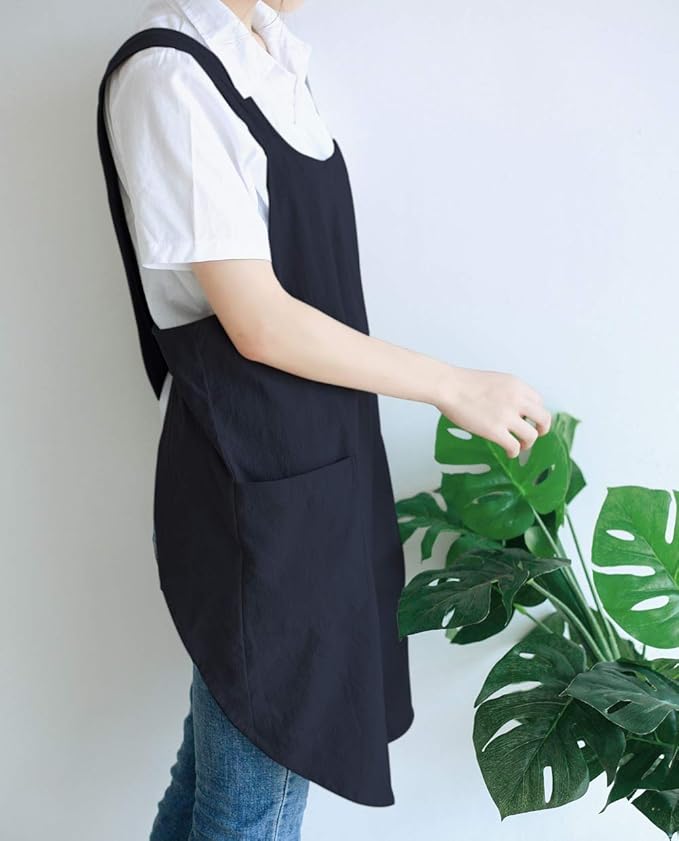 NEWGEM Japanese Cotton Linen Cross Back Cooking Apron for Women Men with Pockets Cute for Baking Kitchen