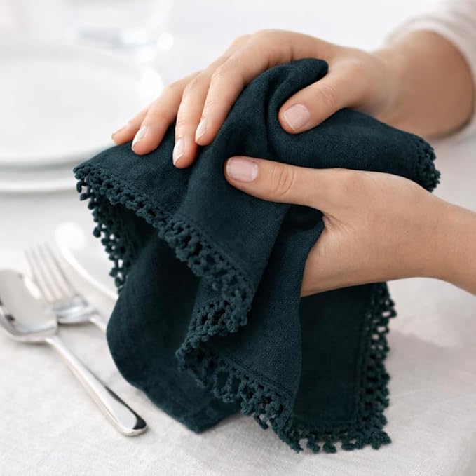 Bedding Craft Cotton Cloth Dinner Napkins Set of 12 – 18x18 Magical Forest with Decorative Lace Selvedge – Elegant Machine Washable Fabric Napkins for Weddings, Parties, Baby Showers & Dining