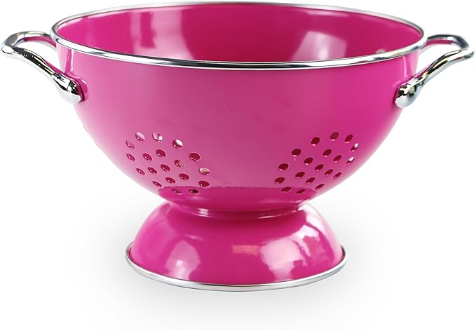 Reston Lloyd, 1.5 Quart Powder Coated Steel Kitchen Strainer Basket for draining Pasta, Vegetable and Fruit, Chrome Handles and Wide Stable Base, Magenta