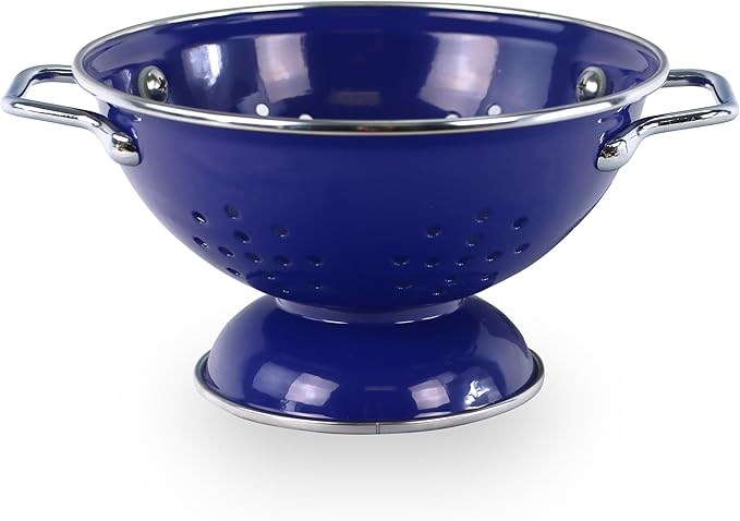 Reston Lloyd, 1 Quart Powder Coated Steel Kitchen Strainer Basket for draining Pasta, Vegetable and Fruit, Chrome Handles and Wide Stable Base, Indigo