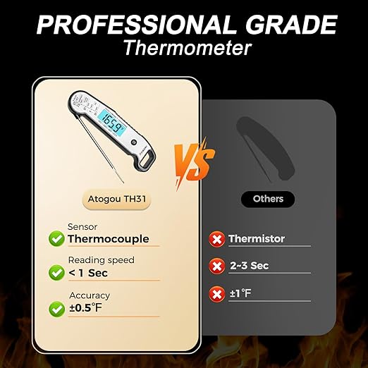 Atogou Meat Thermometer, Professional Food Thermometer, <1 Sec Instant Read, ±0.5℉ Accuracy, Thermocouple Sensor, Waterproof Digital Thermometer for Cooking, BBQ, Grill, Him Dad Birthday Gifts, Silver