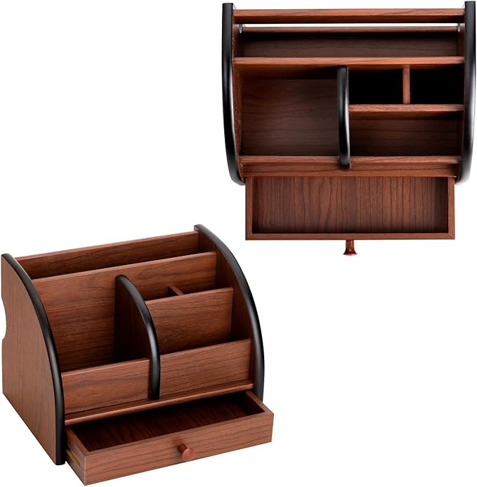 Foraineam Wooden Desk Organizer with Drawer, Remote Control Holder Caddy, Makeup Organizers, Wood Pencil Holder Desktop Supplies and Stationery Rack for Home Office School Tabletop Accessories Storage