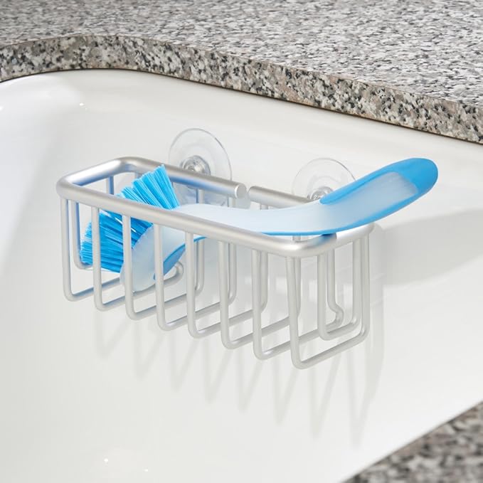 iDesign Metro Rustproof Aluminum Suction Sponge Holder for Kitchen Sink - Basket, Silver