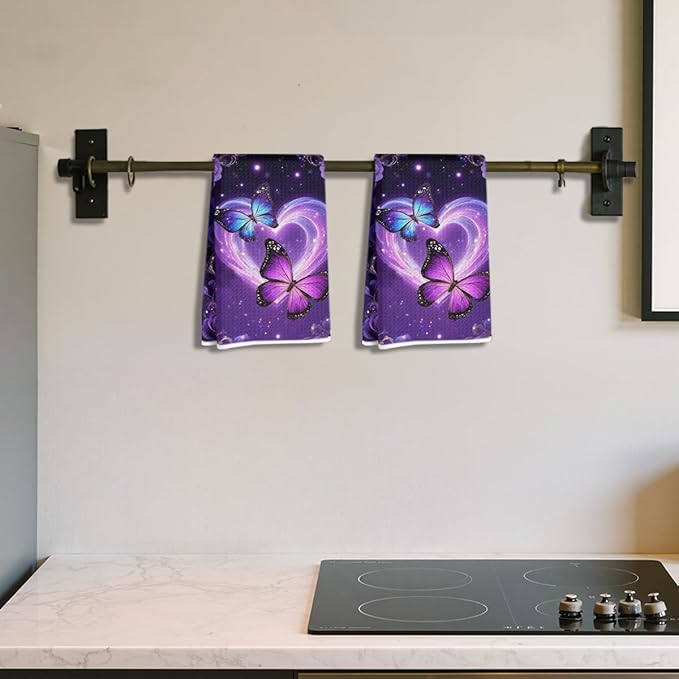 2 Pcs Purple Butterfly Kitchen Towels, Butterfly Soft Absorbent Tea Hand Towel, Waffle Dish Towels for Kitchen Bathroom Home Decor, Housewarming Gifts for Women Mom