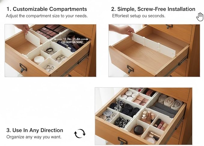 3 Count - Adjustable Drawer Dividers and Separators | Expandable Length from 12.7 to 21.4 Inches | Multipurpose Organizer for Cosmetics, Tools, and Clothes | Plastic Dresser Drawer Organizer (White)