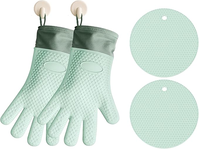 Silicone Oven Mitts Heat Resistant 450°F - Waterproof Non-Slip Kitchen Gloves with Cotton Lining, Flexible Oven Mitts for Cooking, Baking, Grilling & BBQ (Set of 2)