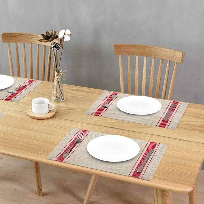 GIVERARE Placemats Set of 6, Heat-Resistant Woven Vinyl Placemat, Non-Slip Washable PVC Table Mat, Easy to Clean Premium Plastic Mats at for Dining, Kitchen Table (Stripe Red)