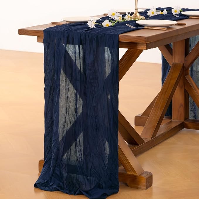 Socomi 3pcs Navy Blue Easter Spring Cheesecloth Table Runner Boho Rustic Gauze 120 inch 10FT Cheese Cloth Runner for Wedding Party Baby Shower Birthday Home Decor Holiday Decorations
