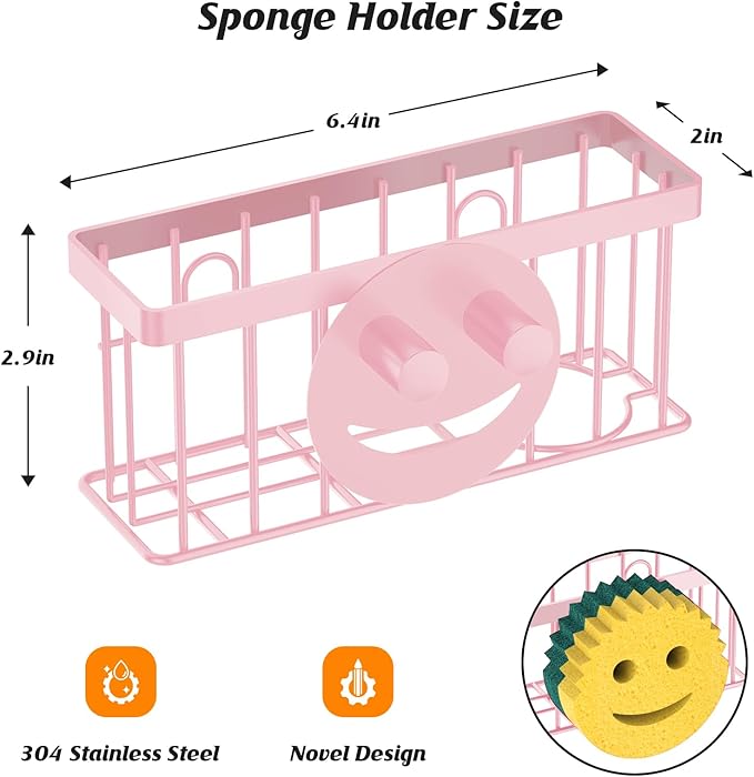MURLONG Sponge Holder Smiley Face,Sink Caddy,Sink Organizer with 2 Suction Cups/1 Adhesive Strips,Designed for Sponge,Soap,Dish Brush,Scrubber - Pink