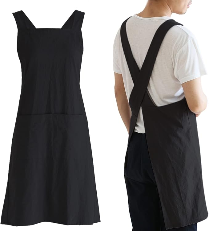 NEWGEM Japanese Cotton Linen Cross Back Cooking Apron for Women Men with Pockets Cute for Baking Kitchen